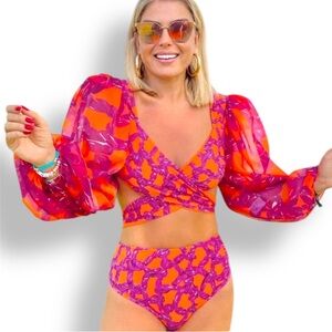 Wrap Puff Sleeve Swim Top Hot Pink & Orange Bikini Swimsuit High Waist Bottoms